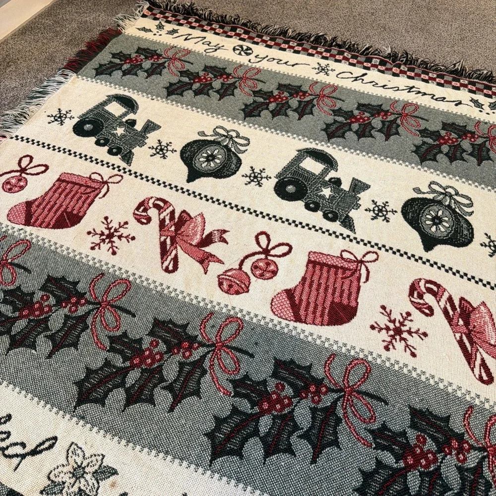 Vintage Woven Christmas Throw Blanket Holiday Trains Bells Flowers 54